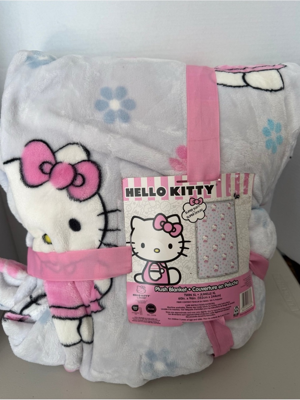 Hello Kitty Pink, White & Blue Plush Throw Blanket